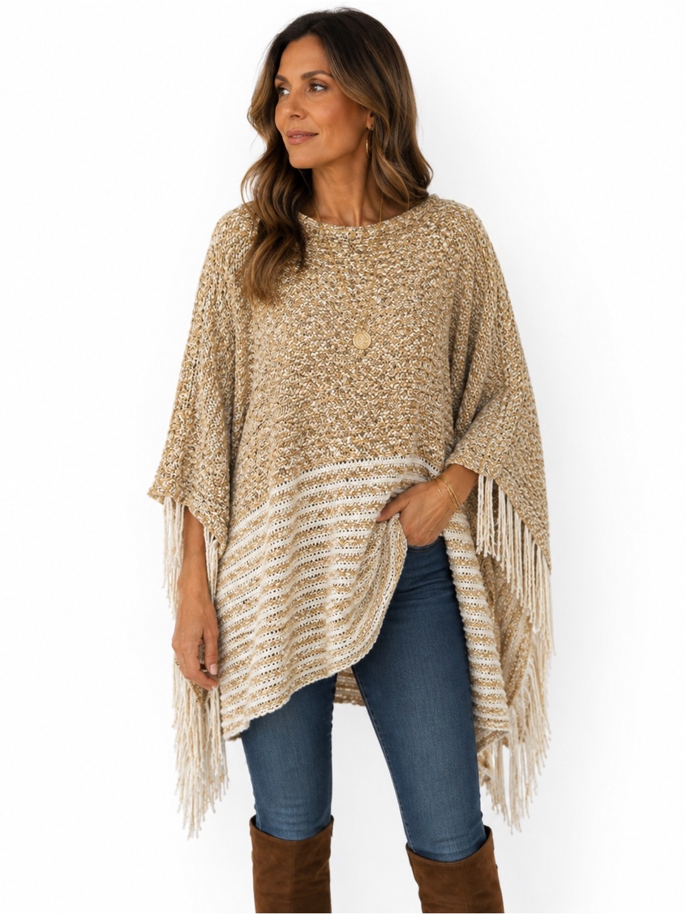 Raj Anthropologie Taupe, Tan and Cream Knit Lightweight Poncho Sweater